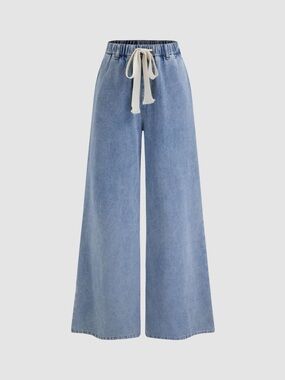 CIDER Leslie Denim High Waist Solid Tie Front Wide Leg Trouser